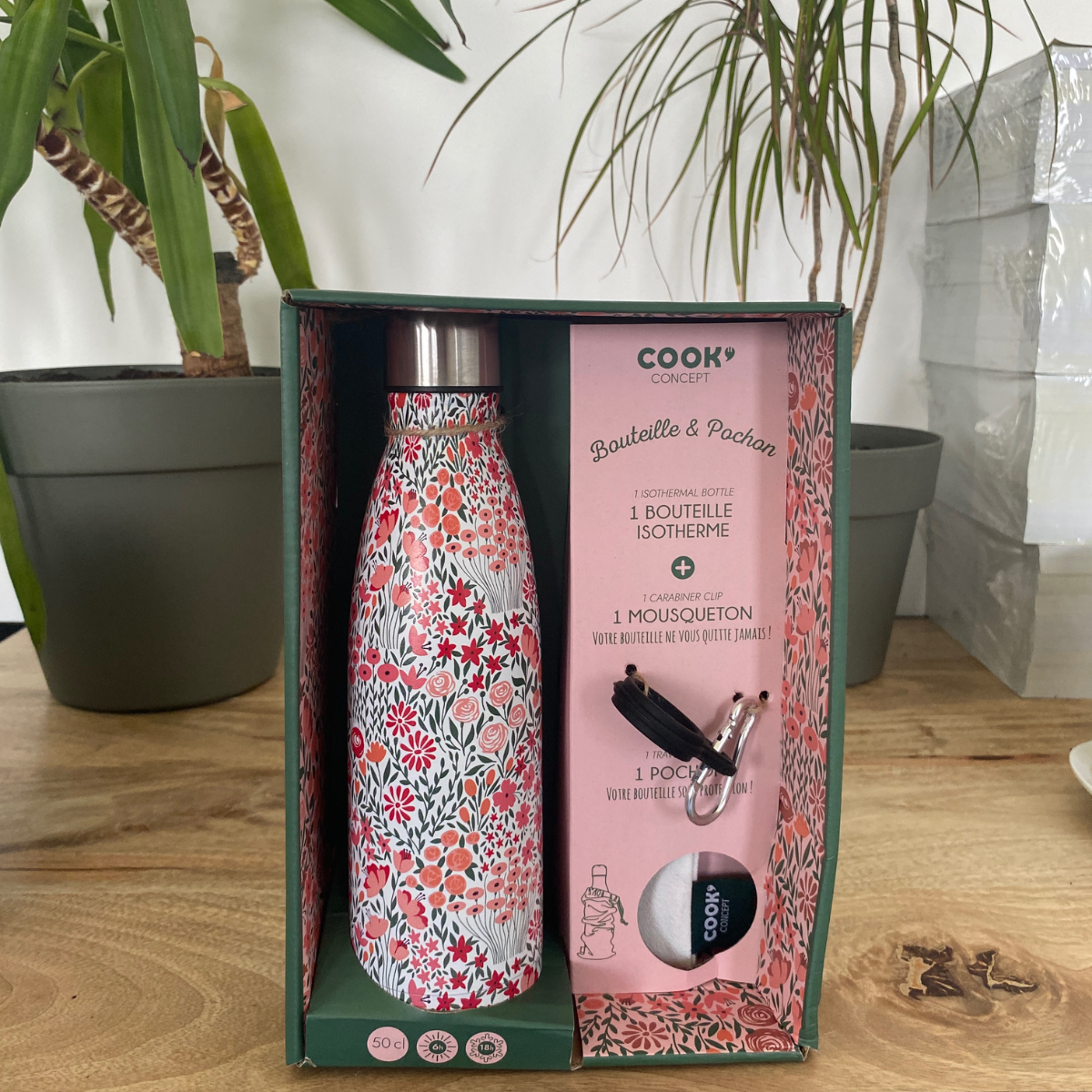 Coffret bouteille isotherme fleurie 50cl