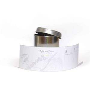 Boite métal vide avec étiquette vierge