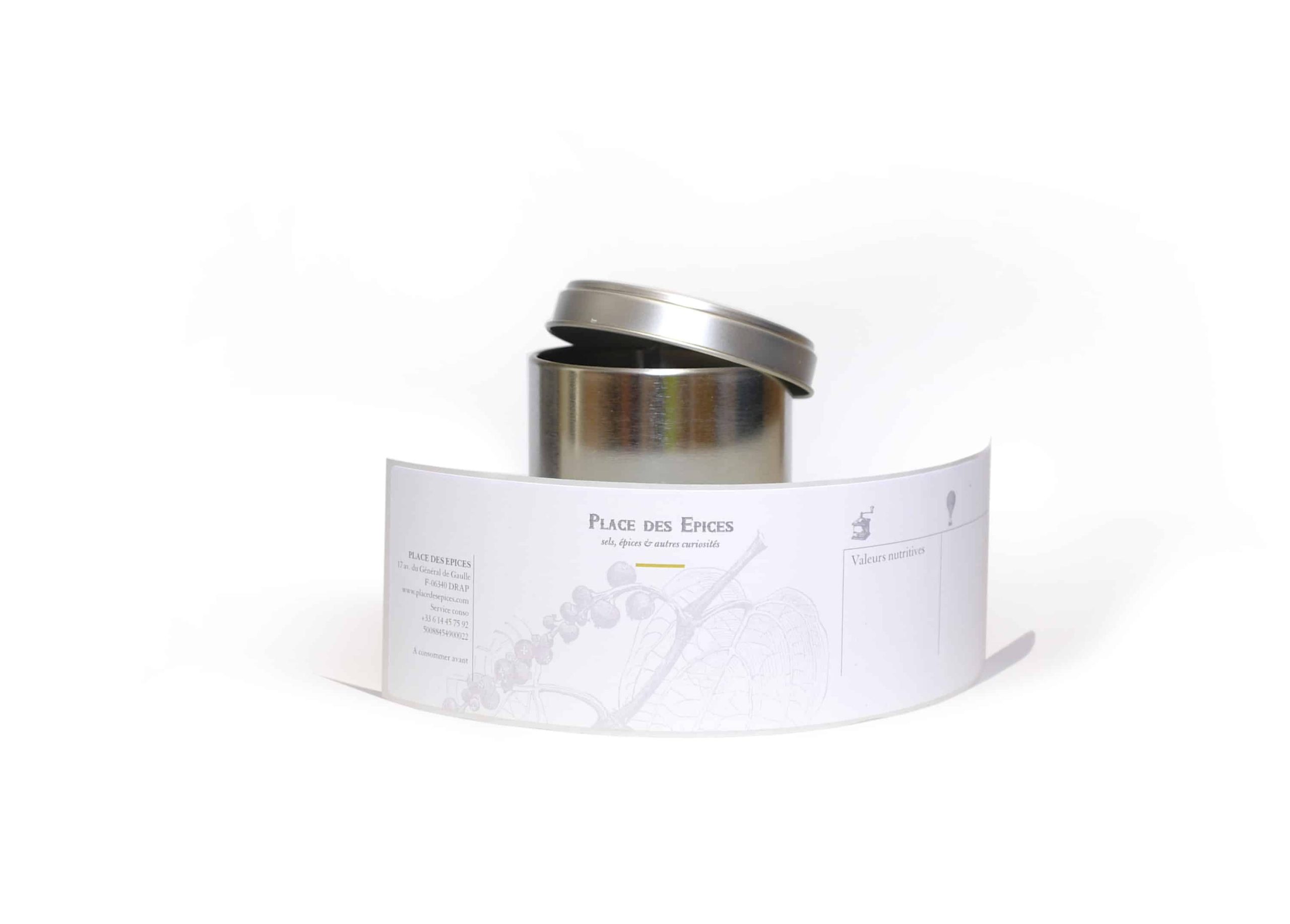 Boite métal vide avec étiquette vierge